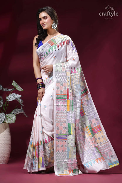 Multicolor geometric pattern silk kantha stitch saree in white woman wears white silk saree 3