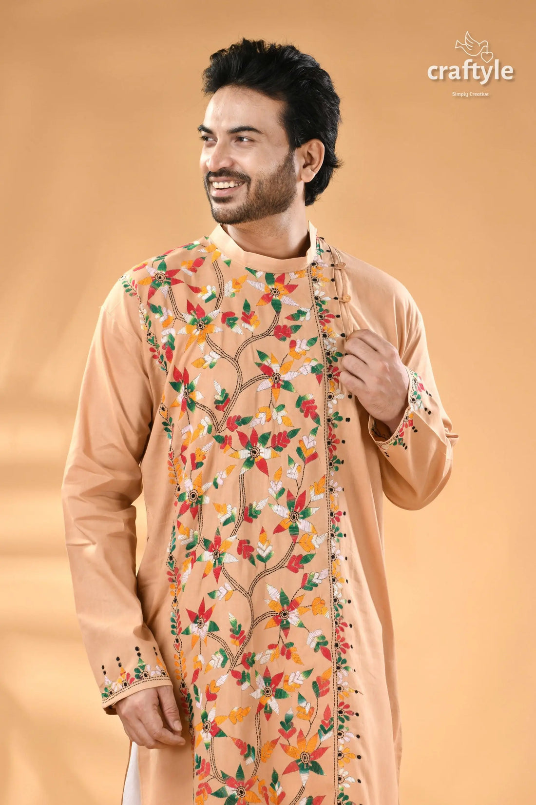 Multicolor grain brown kantha embroidered cotton mens kurta men’s peach colored kurta colorful floral 2