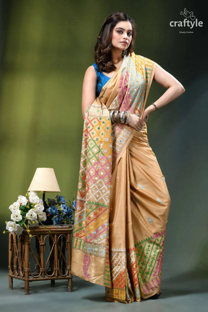 Multicolor gujrati stitch silk kantha saree in grain brown - mirror work woman wears beige silk saree 5