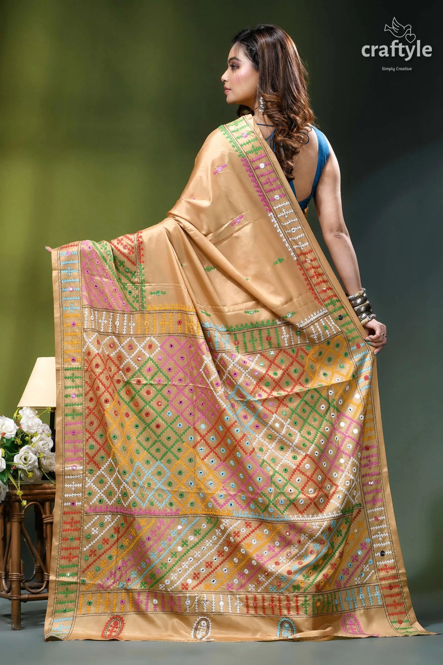 Multicolor gujrati stitch silk kantha saree in grain brown - mirror work golden-yellow silk saree intricate