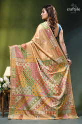 Multicolor gujrati stitch silk kantha saree in grain brown - mirror work golden-yellow silk saree intricate