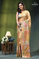 Multicolor gujrati stitch silk kantha saree in grain brown - mirror work woman wears golden-yellow silk saree 6