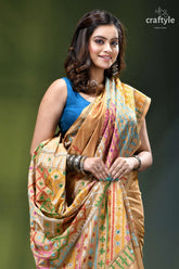 Multicolor gujrati stitch silk kantha saree in grain brown - mirror work woman wears golden-yellow saree intricate 2