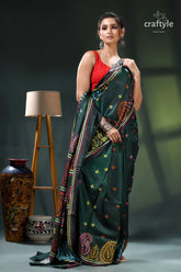Multicolor gujrati stitch silk saree in bottle green - hand embroidery dark green saree intricate embroidery 4