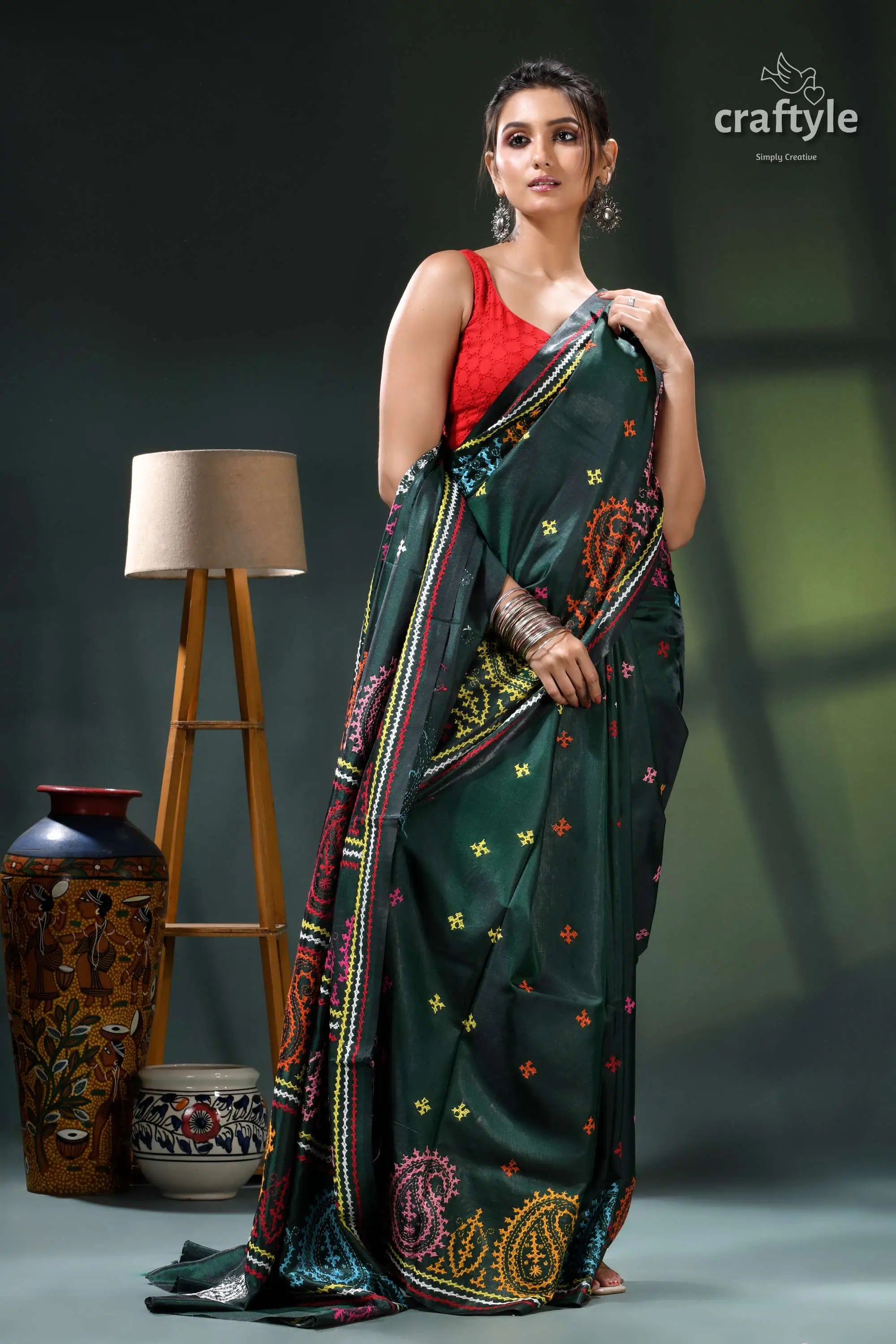 Multicolor gujrati stitch silk saree in bottle green - hand embroidery dark green saree intricate embroidery 4