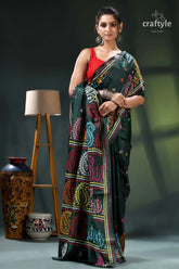 Multicolor gujrati stitch silk saree in bottle green - hand embroidery green black saree intricate paisley 5