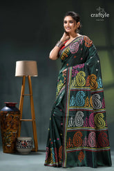 Multicolor gujrati stitch silk saree in bottle green - hand embroidery green multicolored paisley patterned saree 3