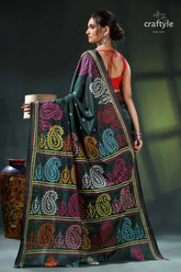 Multicolor gujrati stitch silk saree in bottle green - hand embroidery green paisley print saree multicolored 6