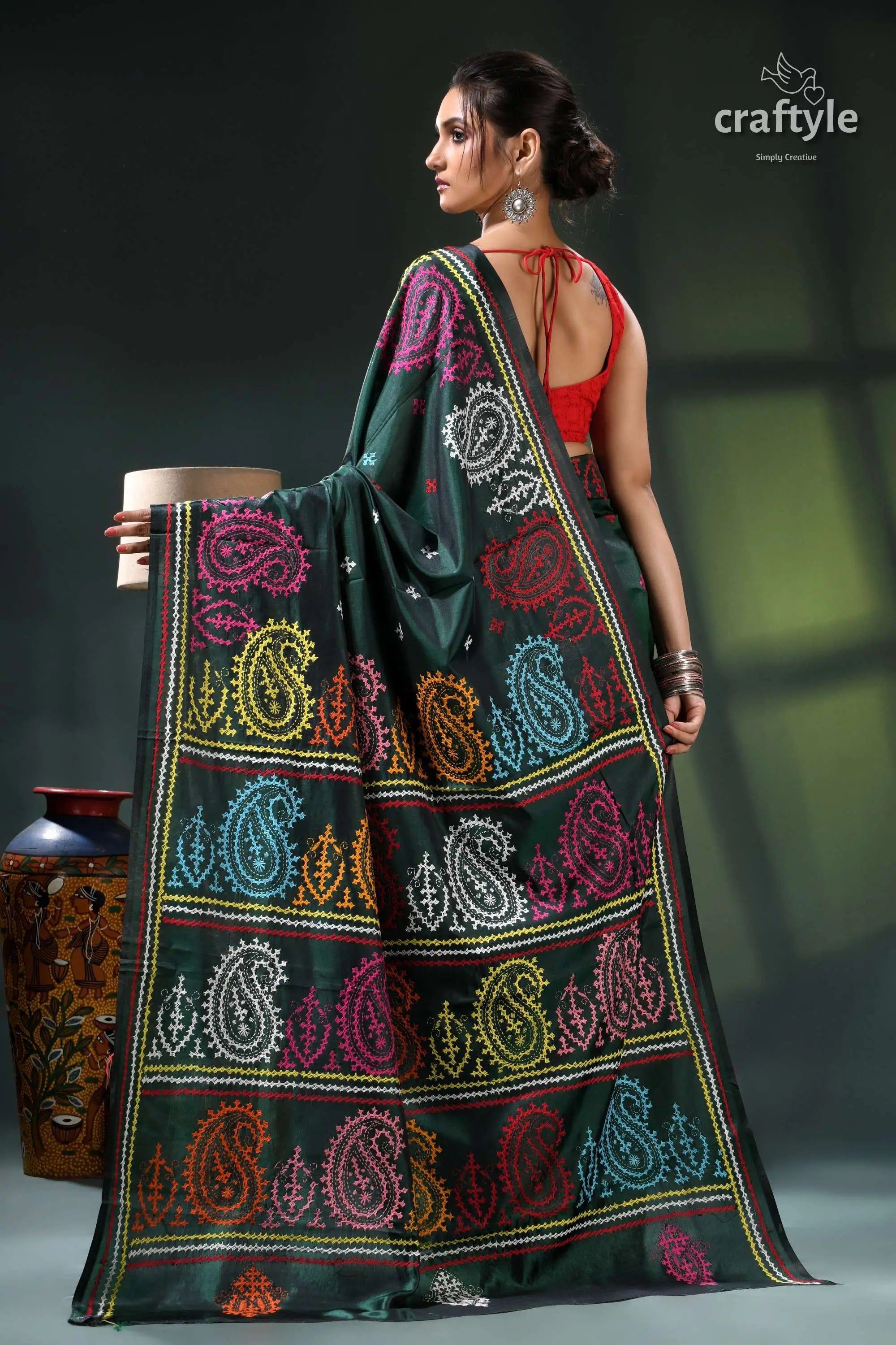 Multicolor gujrati stitch silk saree in bottle green - hand embroidery green paisley print saree multicolored 6