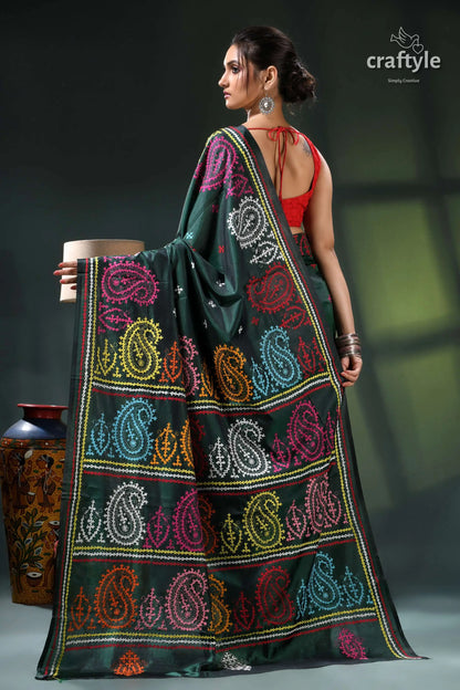 Multicolor gujrati stitch silk saree in bottle green - hand embroidery green paisley print saree multicolored 6