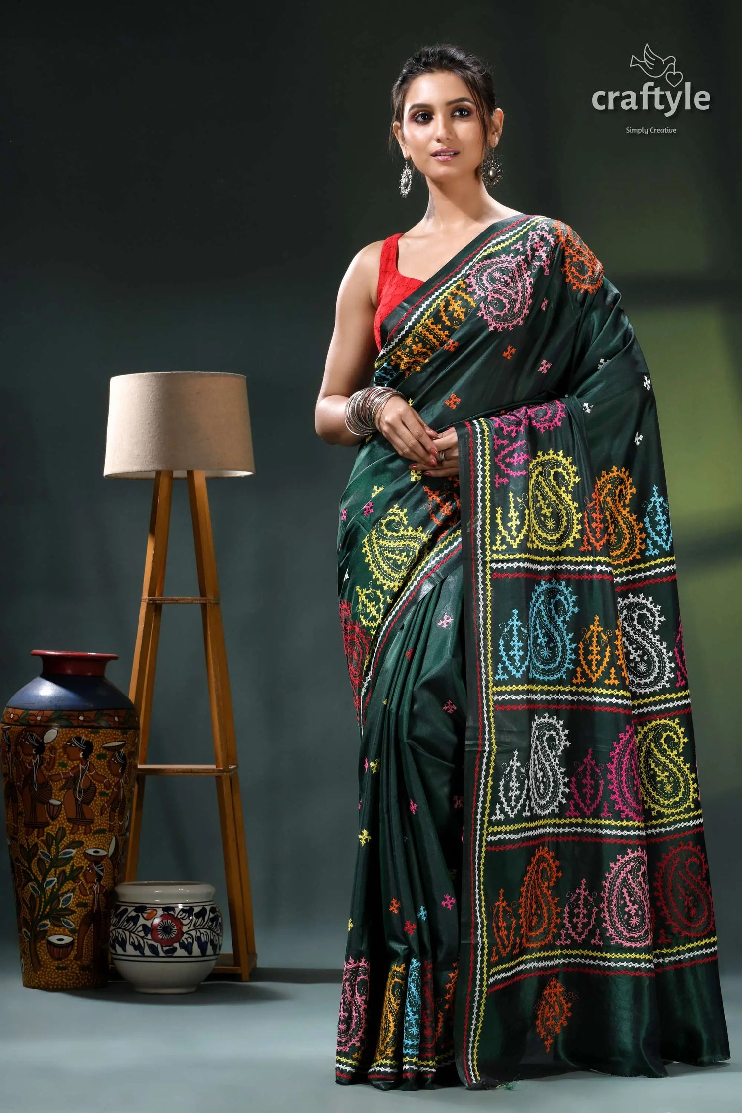 Multicolor gujrati stitch silk saree in bottle green - hand embroidery green black saree colorful paisley 7