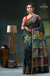 Multicolor gujrati stitch silk saree in bottle green - hand embroidery green black saree colorful paisley 7