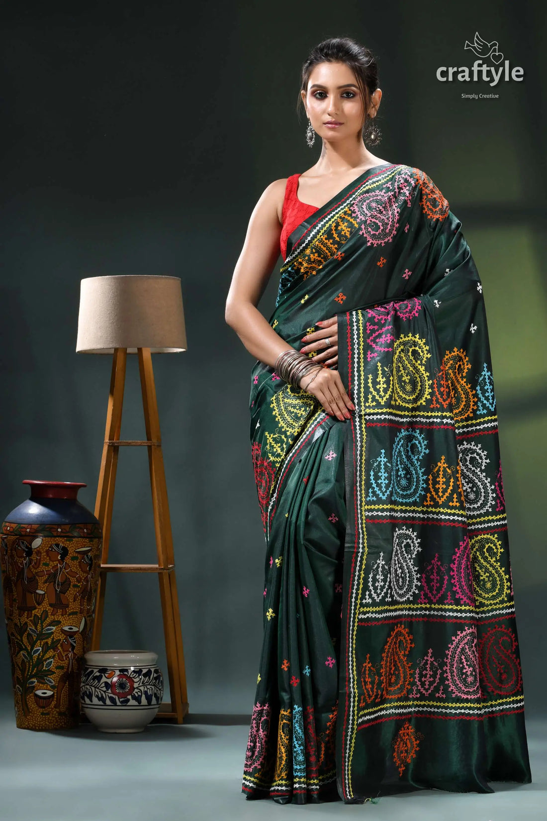Multicolor gujrati stitch silk saree in bottle green - hand embroidery green black saree colorful paisley 1