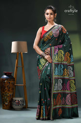 Multicolor gujrati stitch silk saree in bottle green - hand embroidery green black saree colorful paisley 1