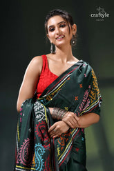 Multicolor gujrati stitch silk saree in bottle green - hand embroidery green paisley embroidered saree red 2