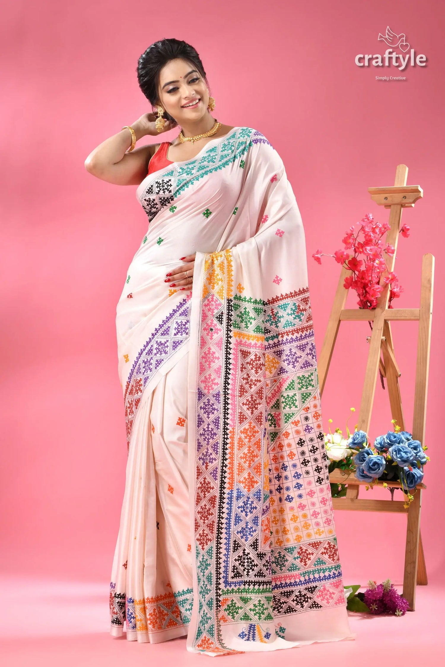 Multicolor gujrati stitch white ethnic silk saree woman white saree colorful intricate 6