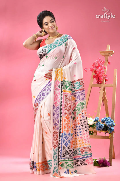 Multicolor gujrati stitch white ethnic silk saree woman white saree colorful intricate 6