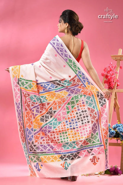 Multicolor gujrati stitch white ethnic silk saree white saree vibrant geometric embroidery 4