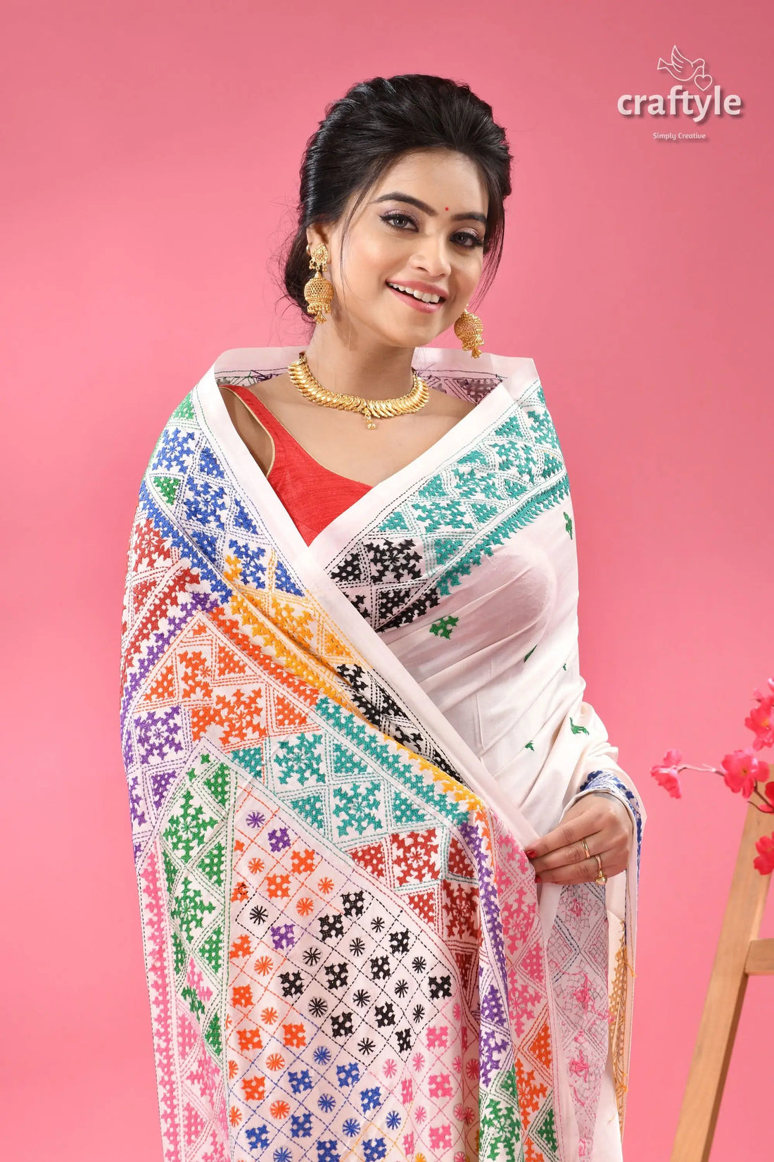 Multicolor gujrati stitch white ethnic silk saree woman white saree colorful geometric 2