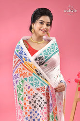 Multicolor gujrati stitch white ethnic silk saree woman white saree colorful geometric 2