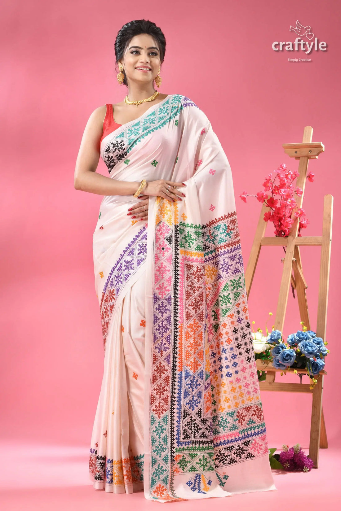 Multicolor gujrati stitch white ethnic silk saree elegant off white saree intricate multi colored 1