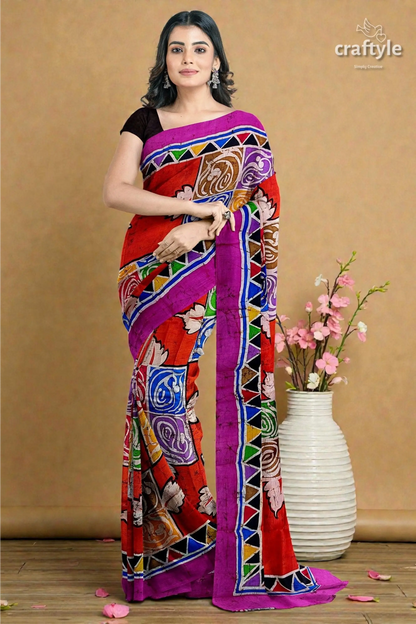 Multicolor hand batik pure mulberry silk saree - 2