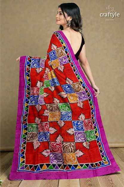 Multicolor hand batik pure mulberry silk saree - 6