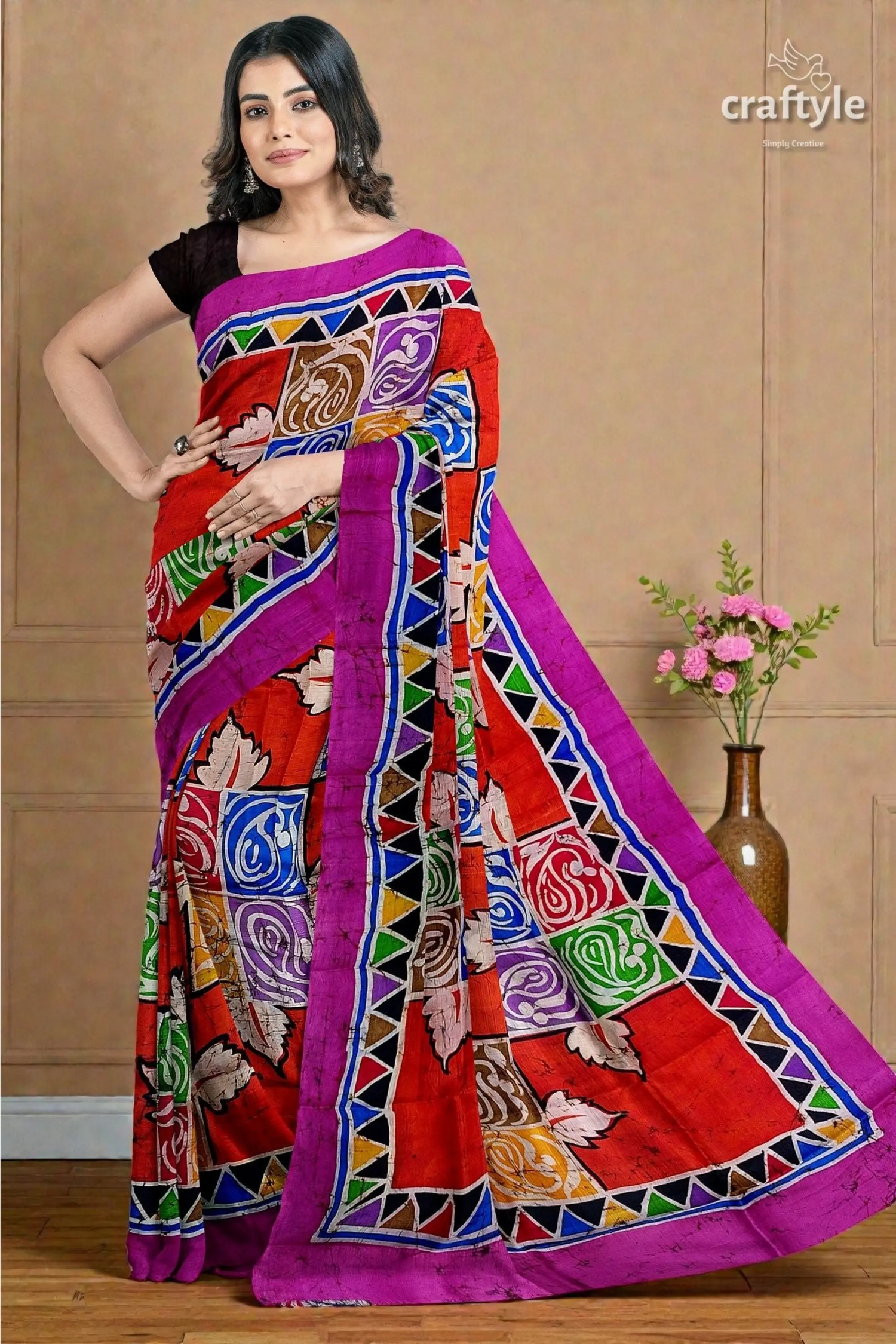 Multicolor hand batik pure mulberry silk saree - 1