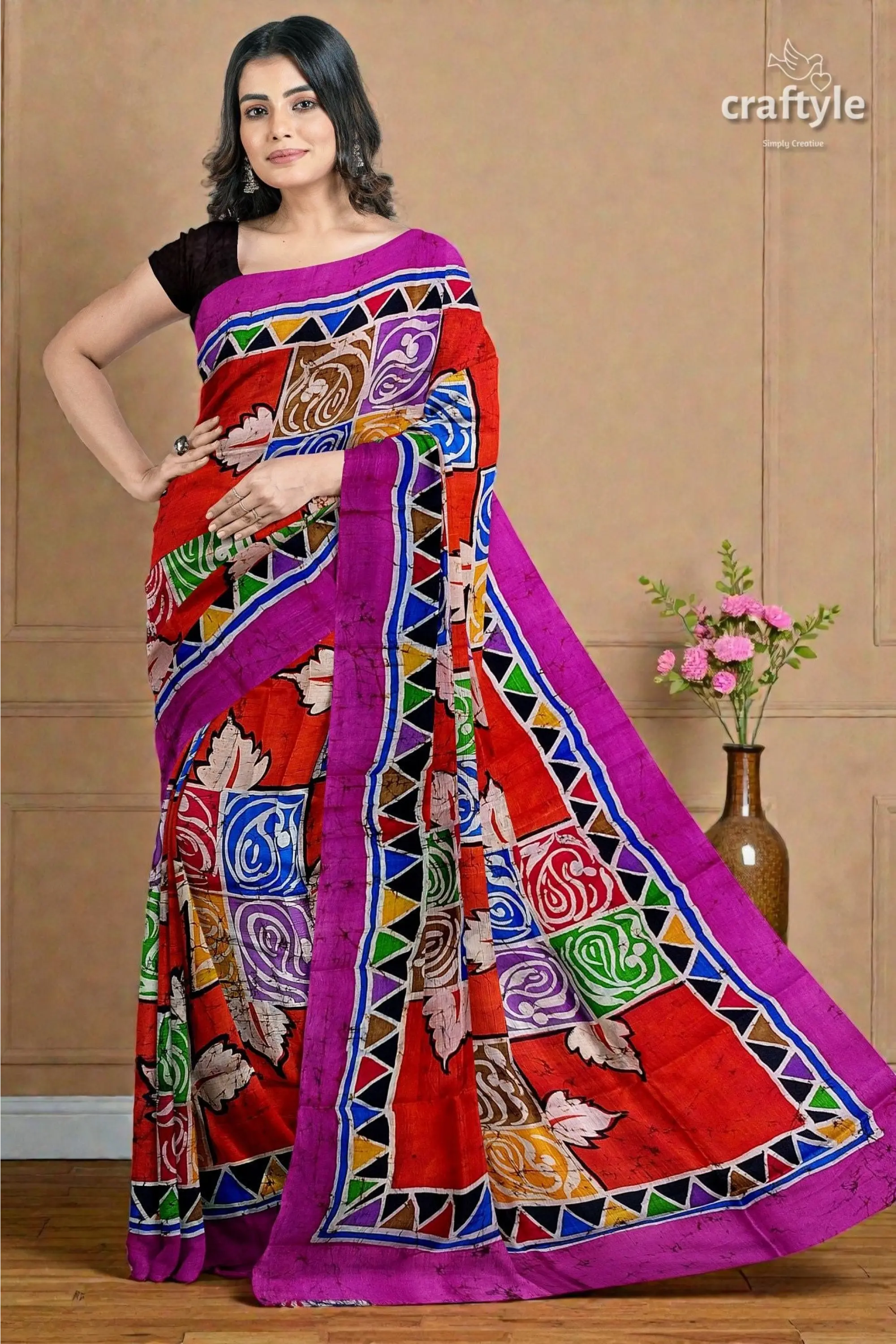 Multicolor hand batik pure mulberry silk saree - 1