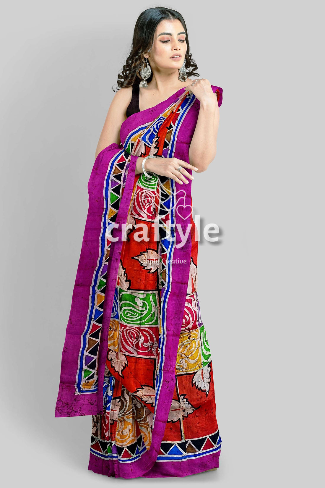 Multicolor Hand Batik Pure Murshidabad Silk Saree - Silk Batik Saree-Craftyle