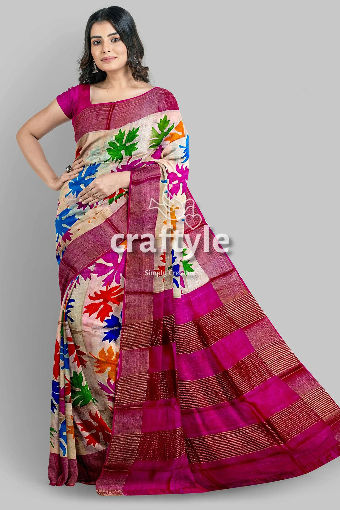 Multicolor hand block print zari border pure tussar silk saree woman colorful floral saree 1