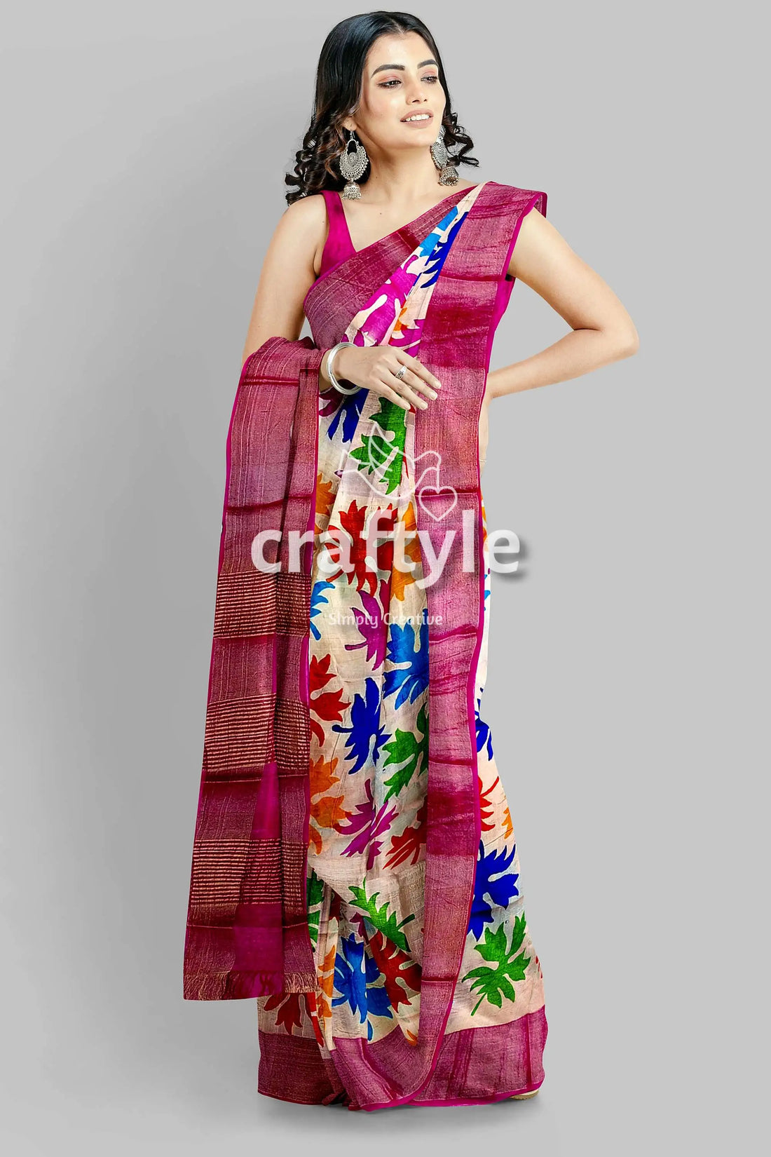 Multicolor hand block print zari border pure tussar silk saree woman colorful floral saree 2