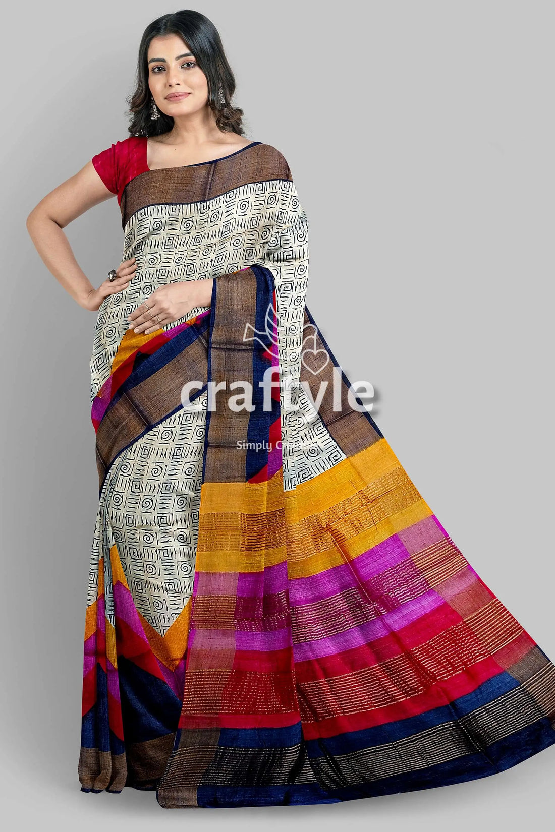 Multicolor hand block print zari border pure tussar silk saree woman colorful saree 1