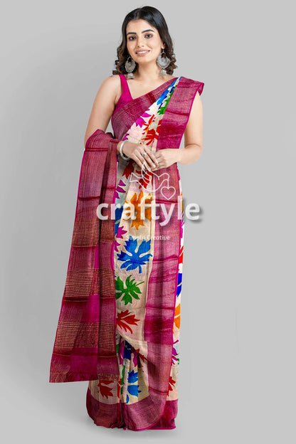 Multicolor Hand Block Print Zari Border Pure Tussar Silk Saree - Craftyle
