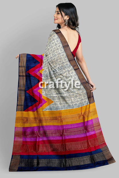 Multicolor Hand Block Print Zari Border Pure Tussar Silk Saree - Craftyle