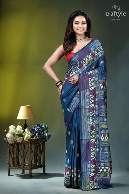 Multicolor hand embroidery silk lambani saree in dusk blue navy blue saree intricate geometric 1