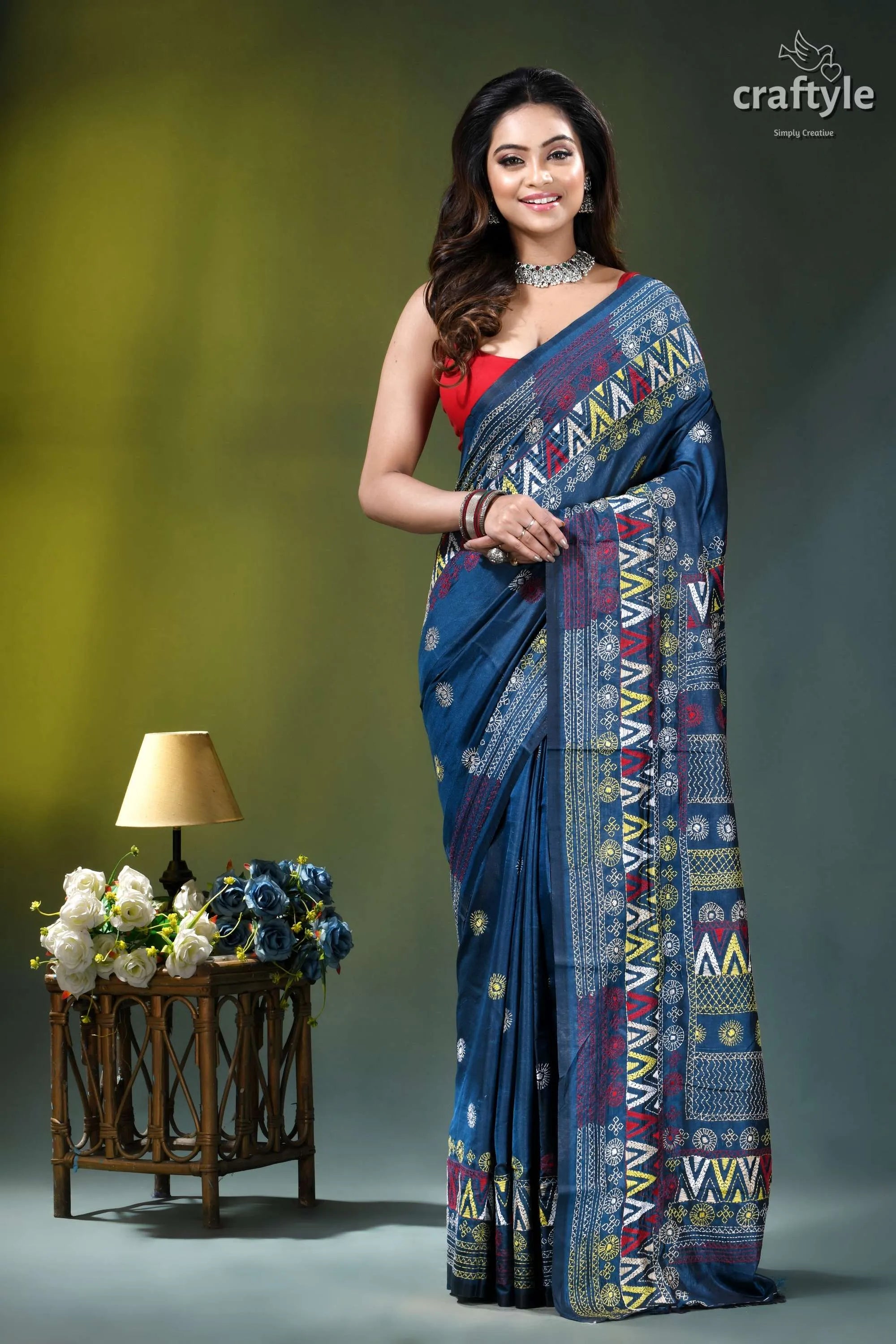 Multicolor hand embroidery silk lambani saree in dusk blue woman wears navy blue saree 6