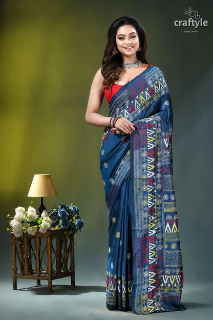 Multicolor hand embroidery silk lambani saree in dusk blue woman wears navy blue saree 6