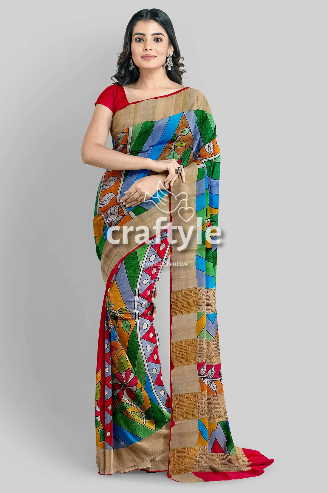 Multicolor hand-painted pure tussar kalamkari saree with zari border woman colorful saree 1