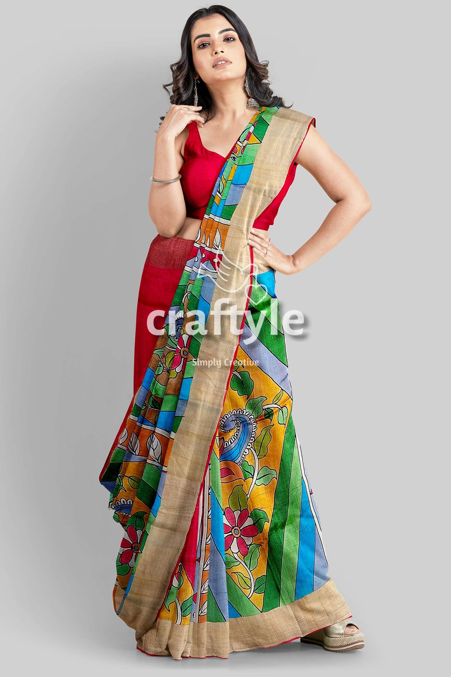 Multicolor Hand-Painted Pure Tussar Kalamkari Saree with Zari Border - Craftyle