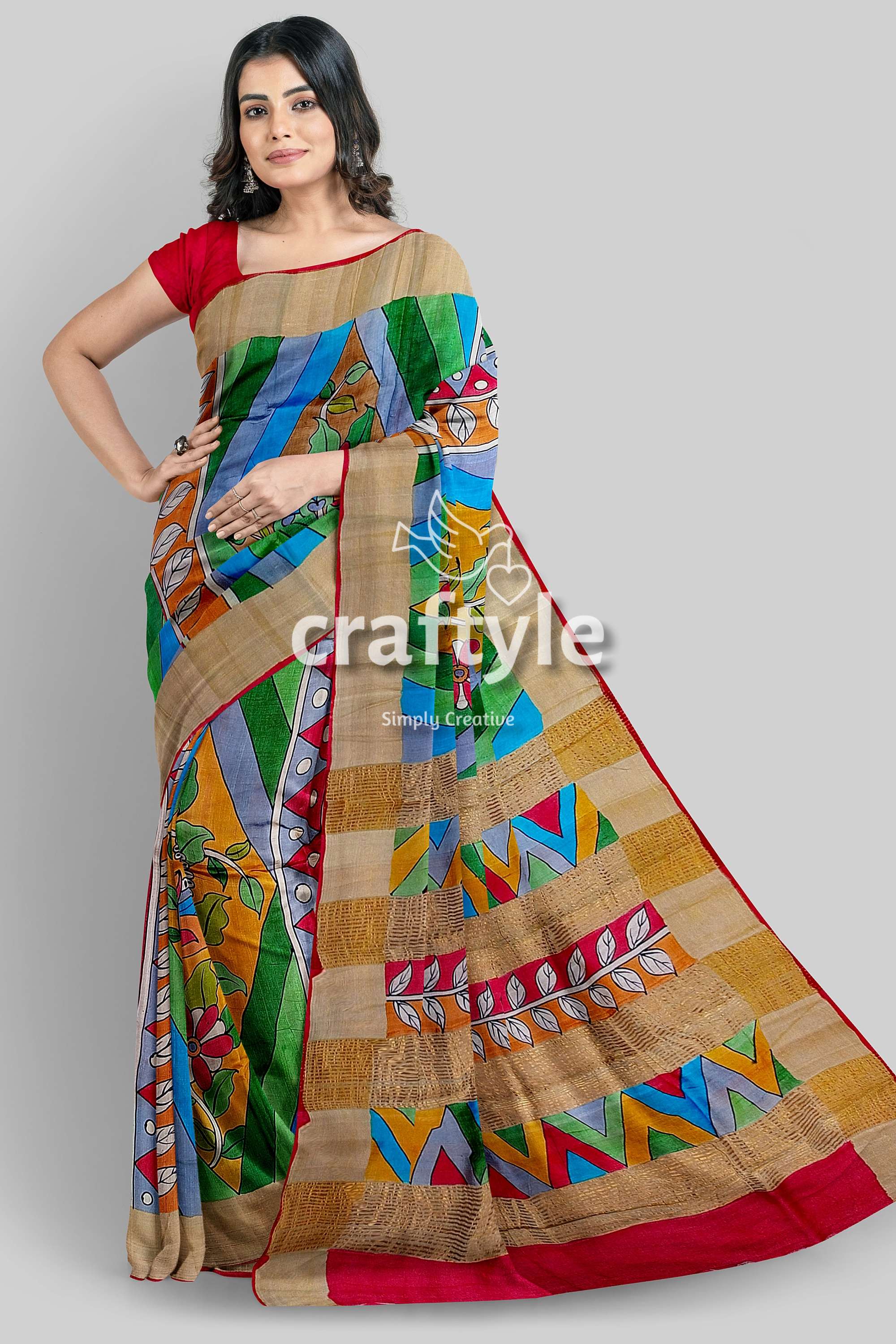 Multicolor Hand-Painted Pure Tussar Kalamkari Saree with Zari Border - Craftyle