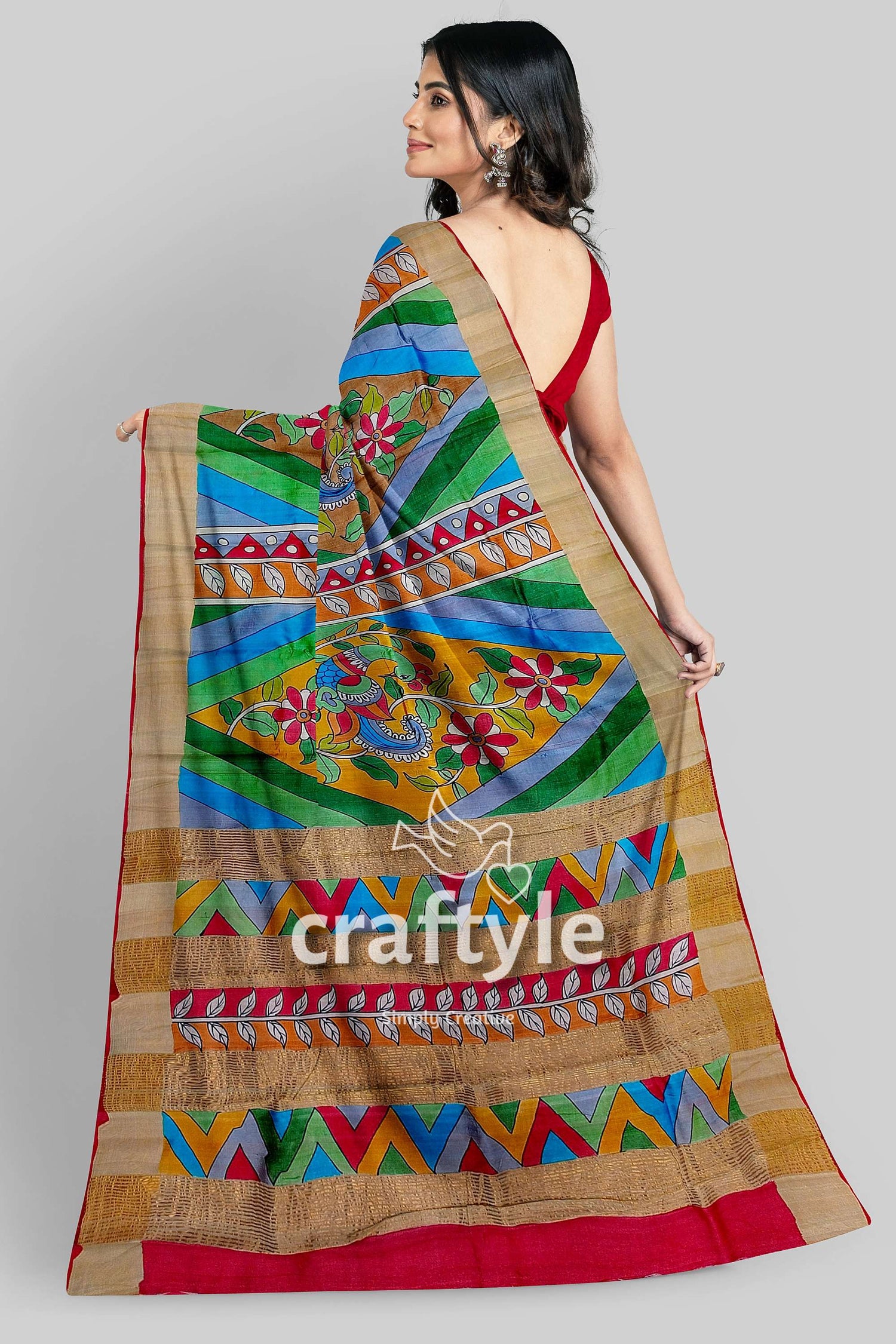 Multicolor Hand-Painted Pure Tussar Kalamkari Saree with Zari Border - Craftyle