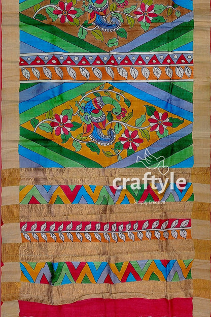 Multicolor Hand-Painted Pure Tussar Kalamkari Saree with Zari Border - Craftyle