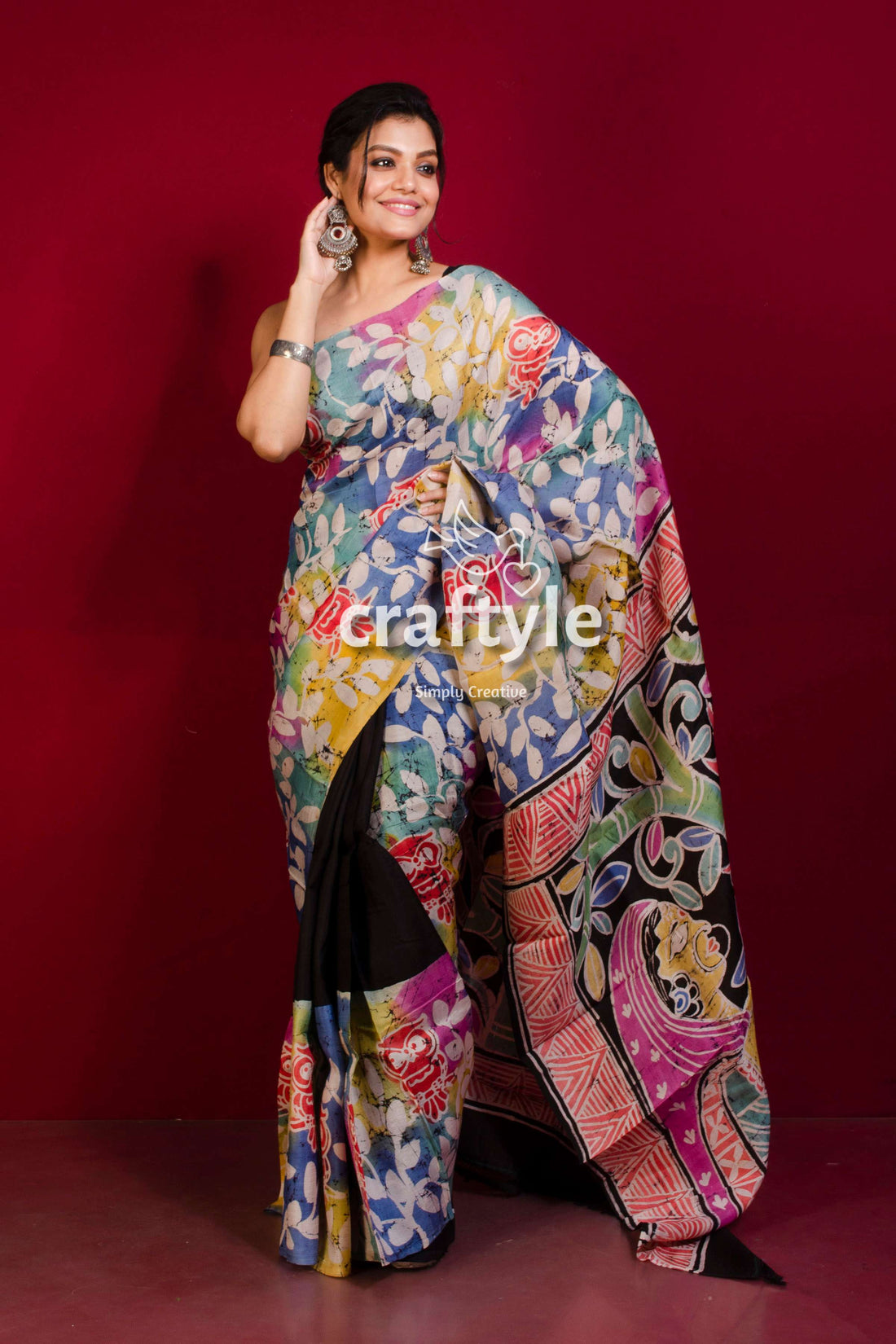 Multicolor Hand Painted Silk Batik Saree - Pure Silk Murshidabad Saree-Craftyle