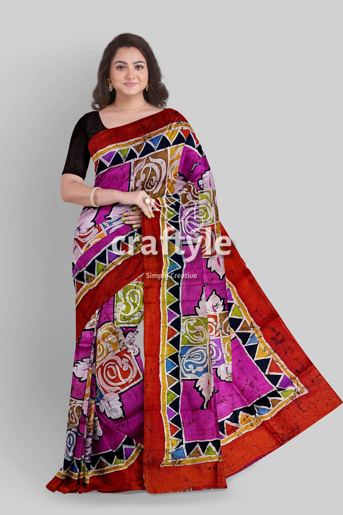 Multicolor Hand Wax Batik Mulberry Pure Silk Saree - Batik Silk Sari - Craftyle