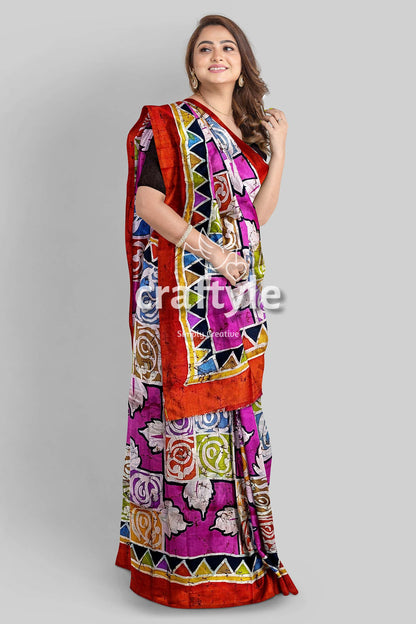 Multicolor Hand Wax Batik Mulberry Pure Silk Saree - Batik Silk Sari - Craftyle