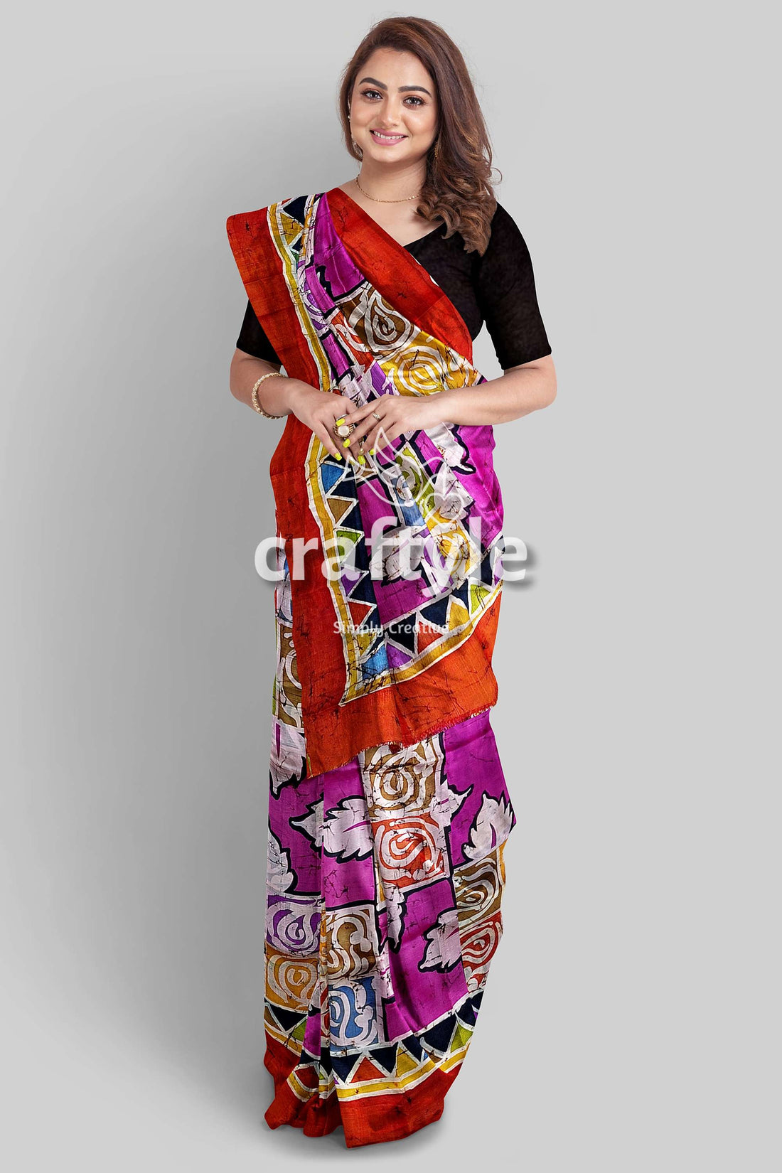 Multicolor Hand Wax Batik Mulberry Pure Silk Saree - Batik Silk Sari - Craftyle