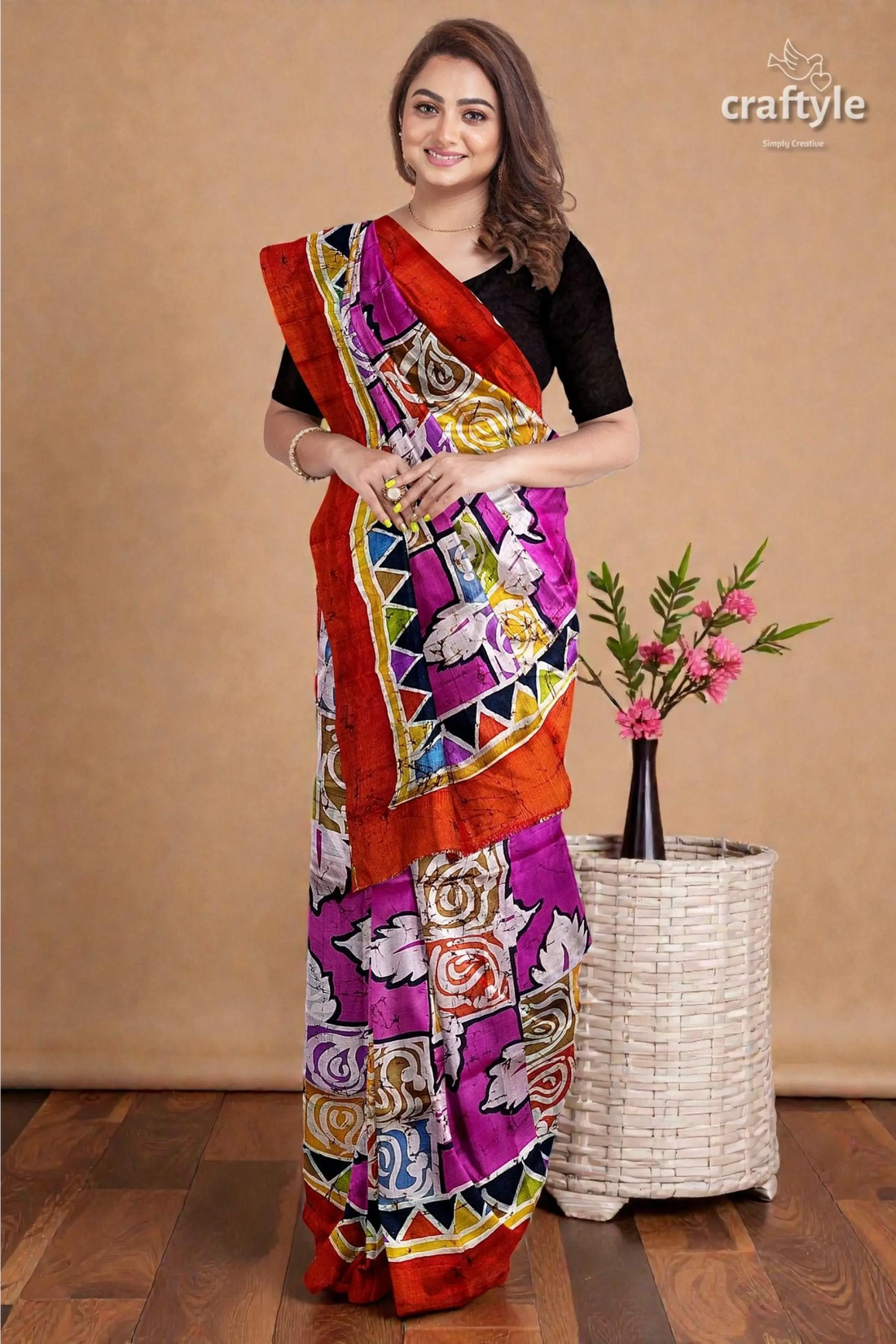 Multicolor hand wax batik mulberry pure silk saree - sari 1