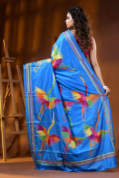 Multicolor heron motif hand embroidered silk kantha saree in sky blue 5
