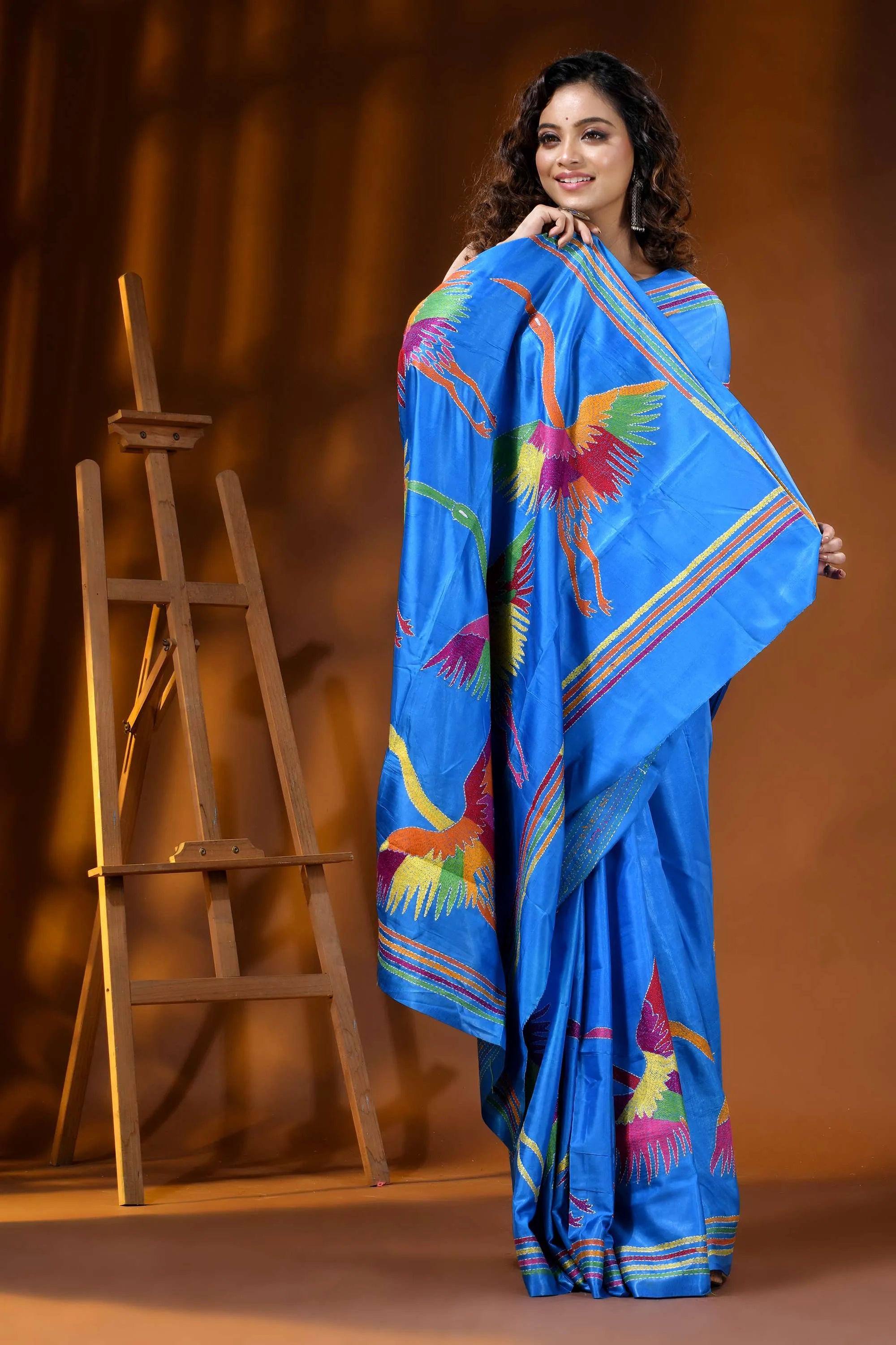 Multicolor heron motif hand embroidered silk kantha saree in sky blue 6